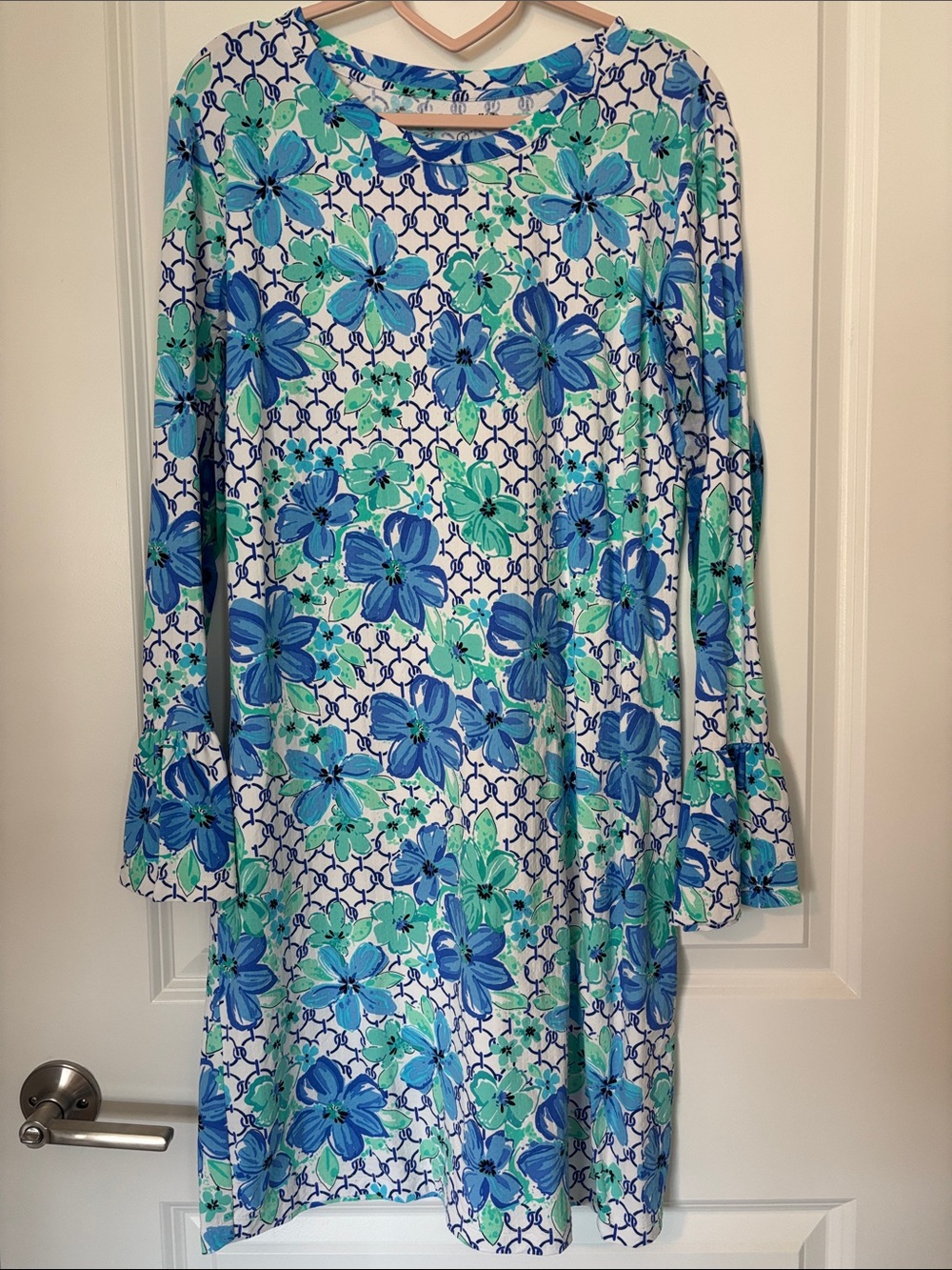 IBKUL Blue & Teal Floral Long-Sleeve Swing Dress with Ruffle Cuffs